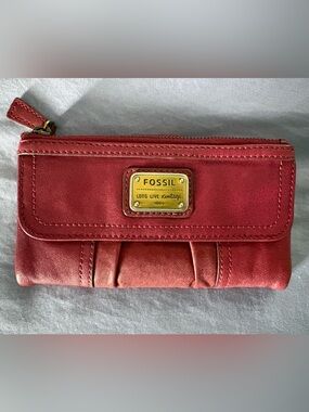 Fossil Red Wristlet Clutch with Brass Logo Plate